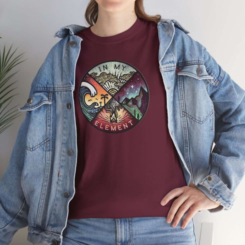The In My Element t-shirt features a striking circular graphic representing the four classical elements—Fire, Water, Wind, and Earth.